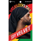 Packaging of a black velvet dreadlocks tube with a man wearing it, featuring King J branding.