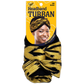 Black and gold headband turban with packaging featuring a model wearing it.
