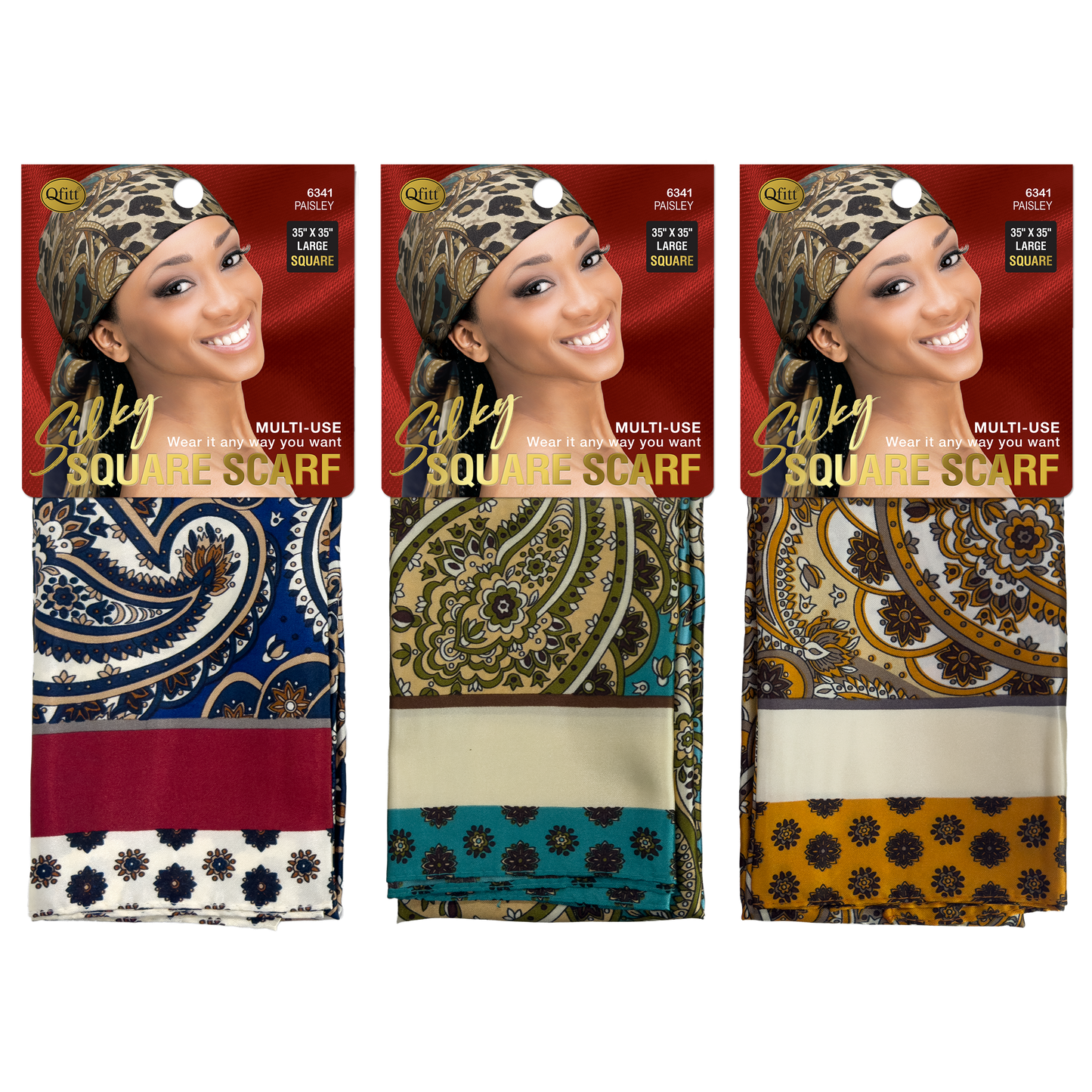 SILKY SQUARE PATTERN SCARF - PAISLEY [3 PIECES SET]