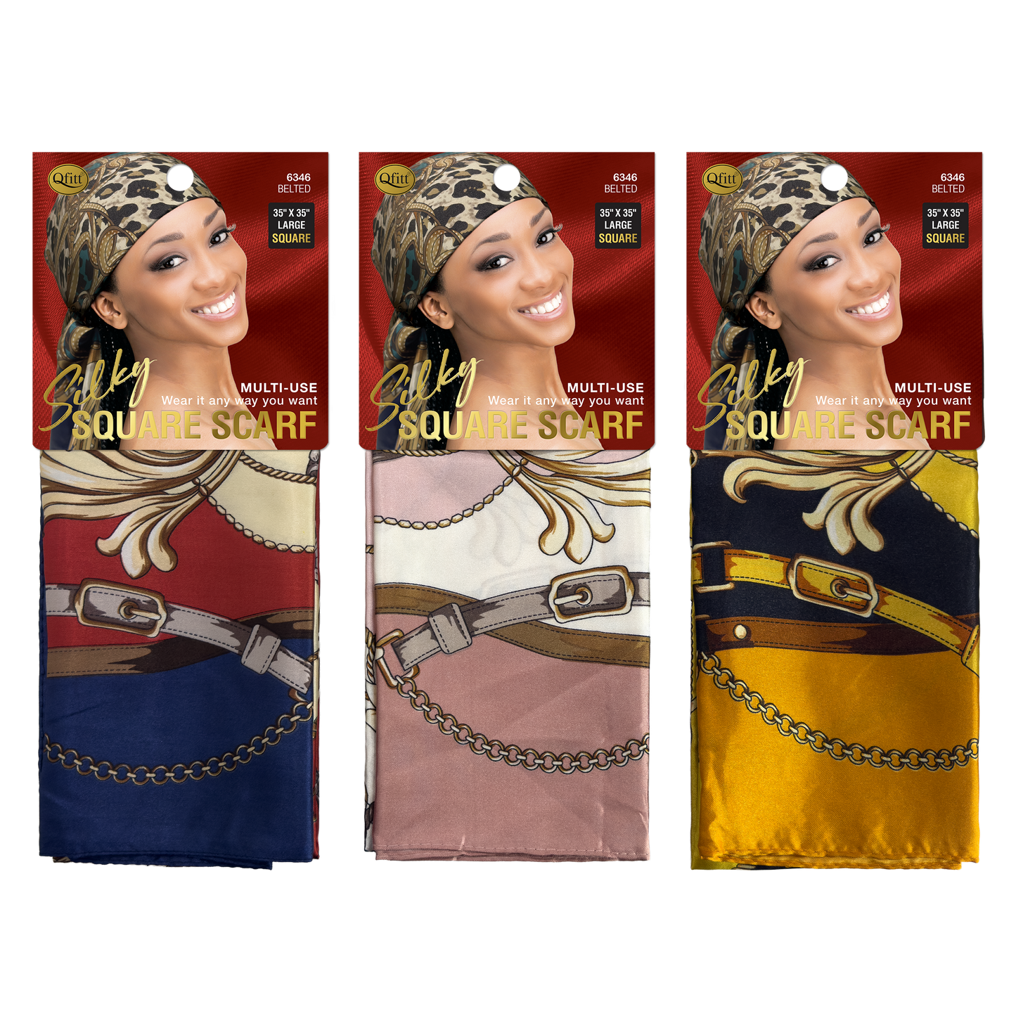 SILKY SQUARE PATTERN SCARF - BELTED [3 PIECES SET]