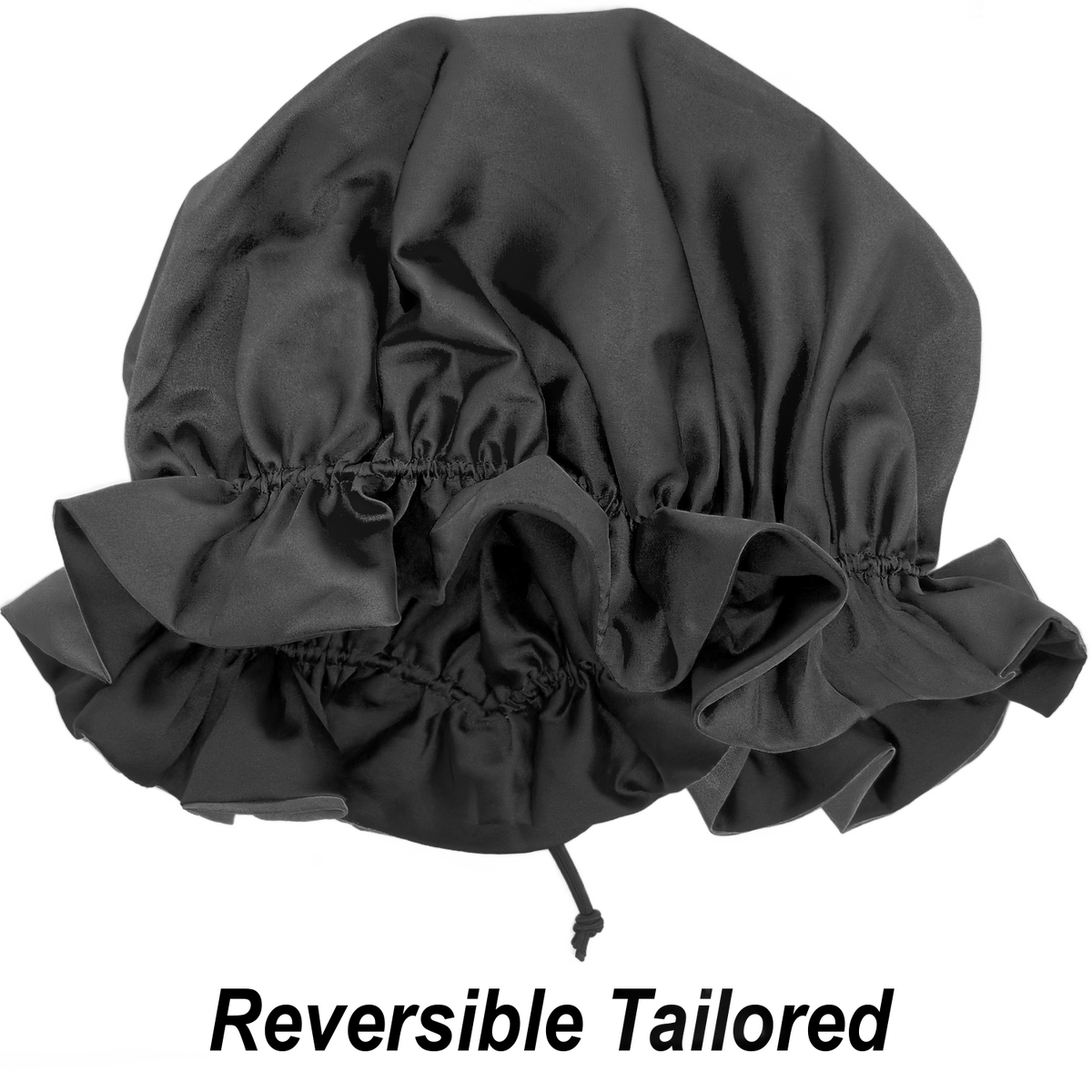 Qfitt black reversible satin bonnet with ruffled edge detail