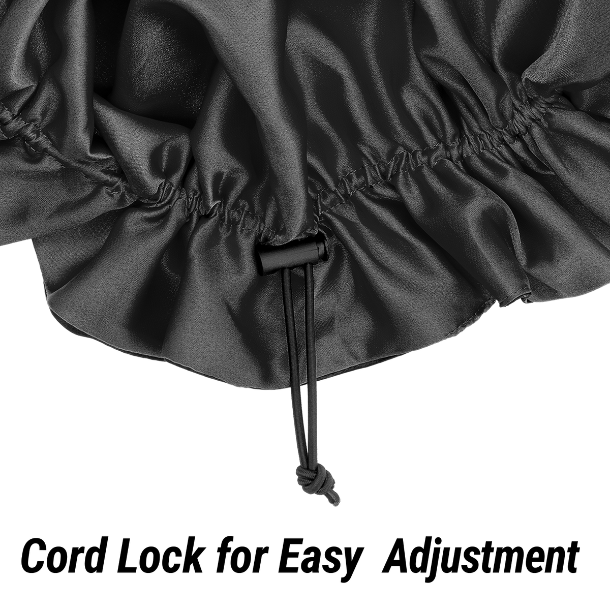 Adjustable black satin bonnet band with cord lock closure