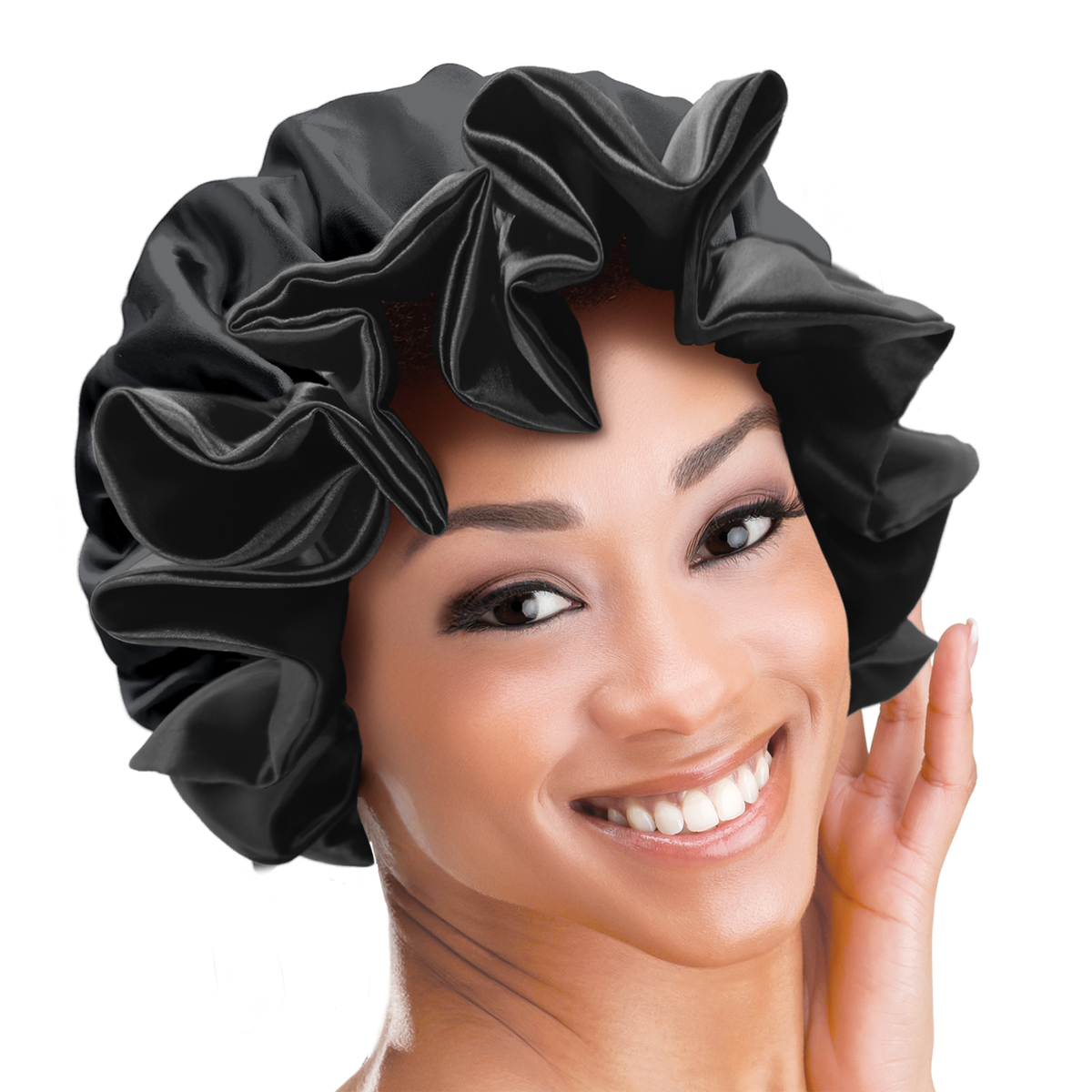 Black satin bonnet with ruffled edge worn by a smiling model