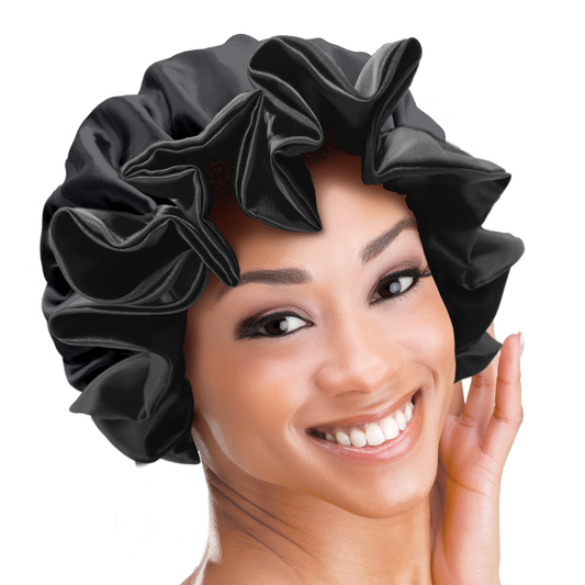 Black satin bonnet with ruffled edge worn by a smiling model