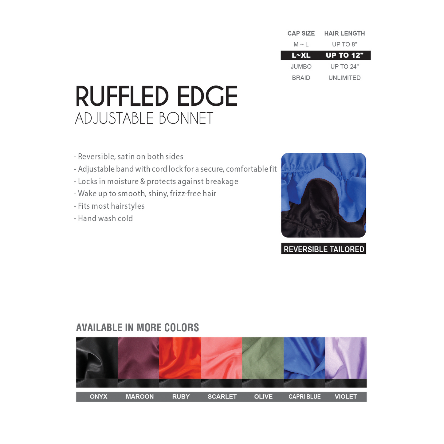 LUX RUFFLED EDGE ADJUSTABLE BONNET L-XL [BLACK]
