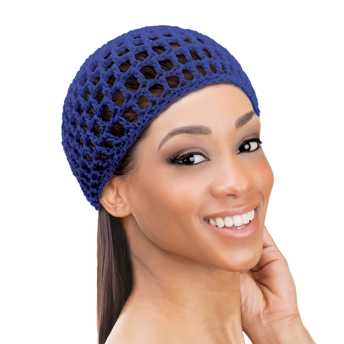 Woman wearing a doobie cap to help maintain a sleek hairstyle