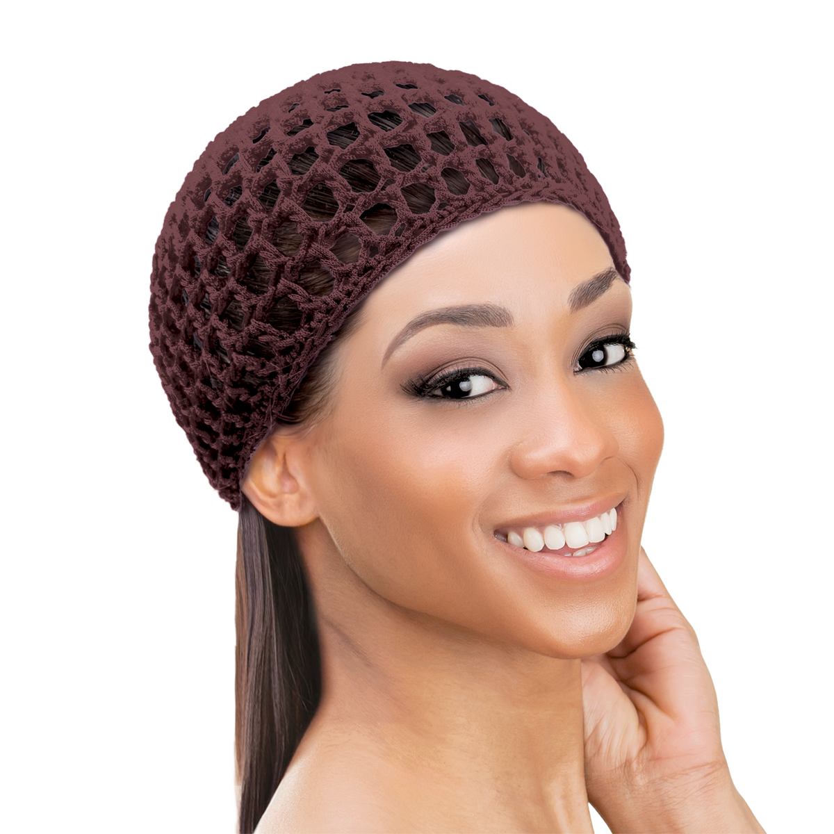 Woman wearing a doobie cap to help maintain a sleek hairstyle