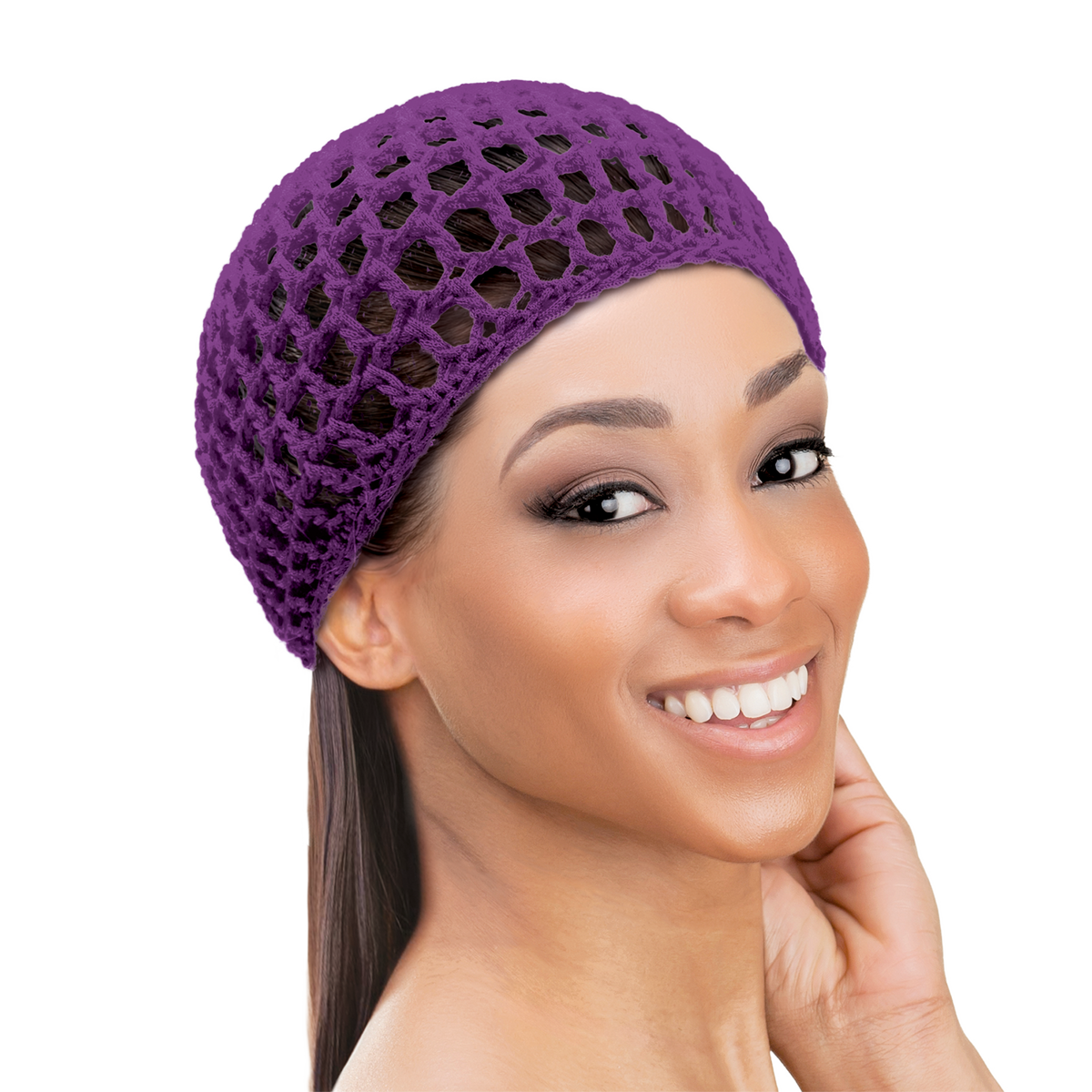 Woman wearing a doobie cap to help maintain a sleek hairstyle