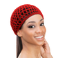 Woman wearing a doobie cap to help maintain a sleek hairstyle