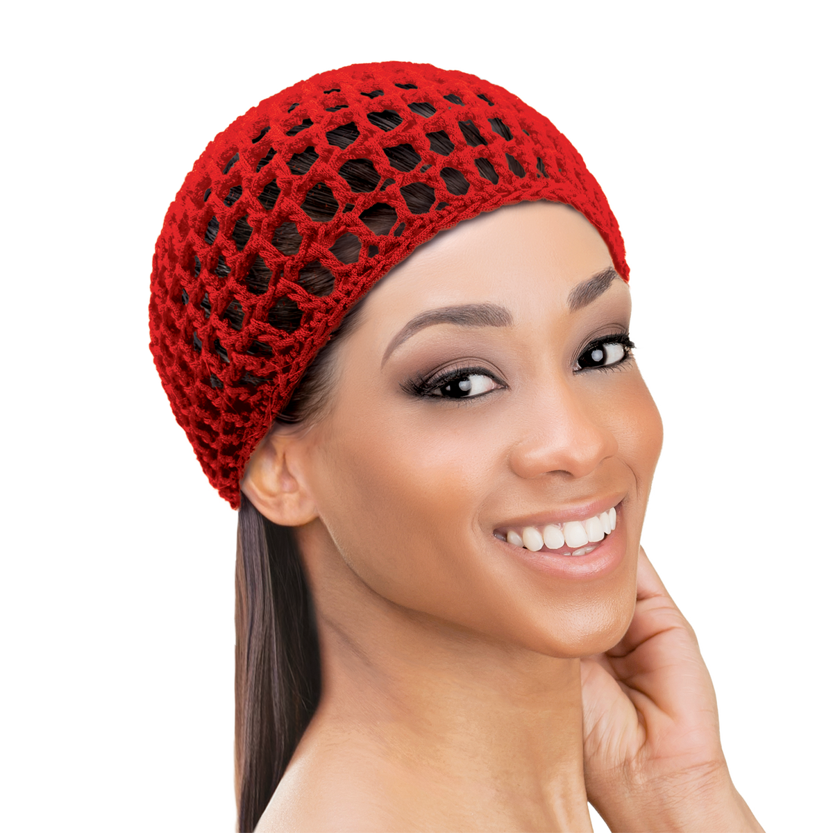Woman wearing a doobie cap to help maintain a sleek hairstyle