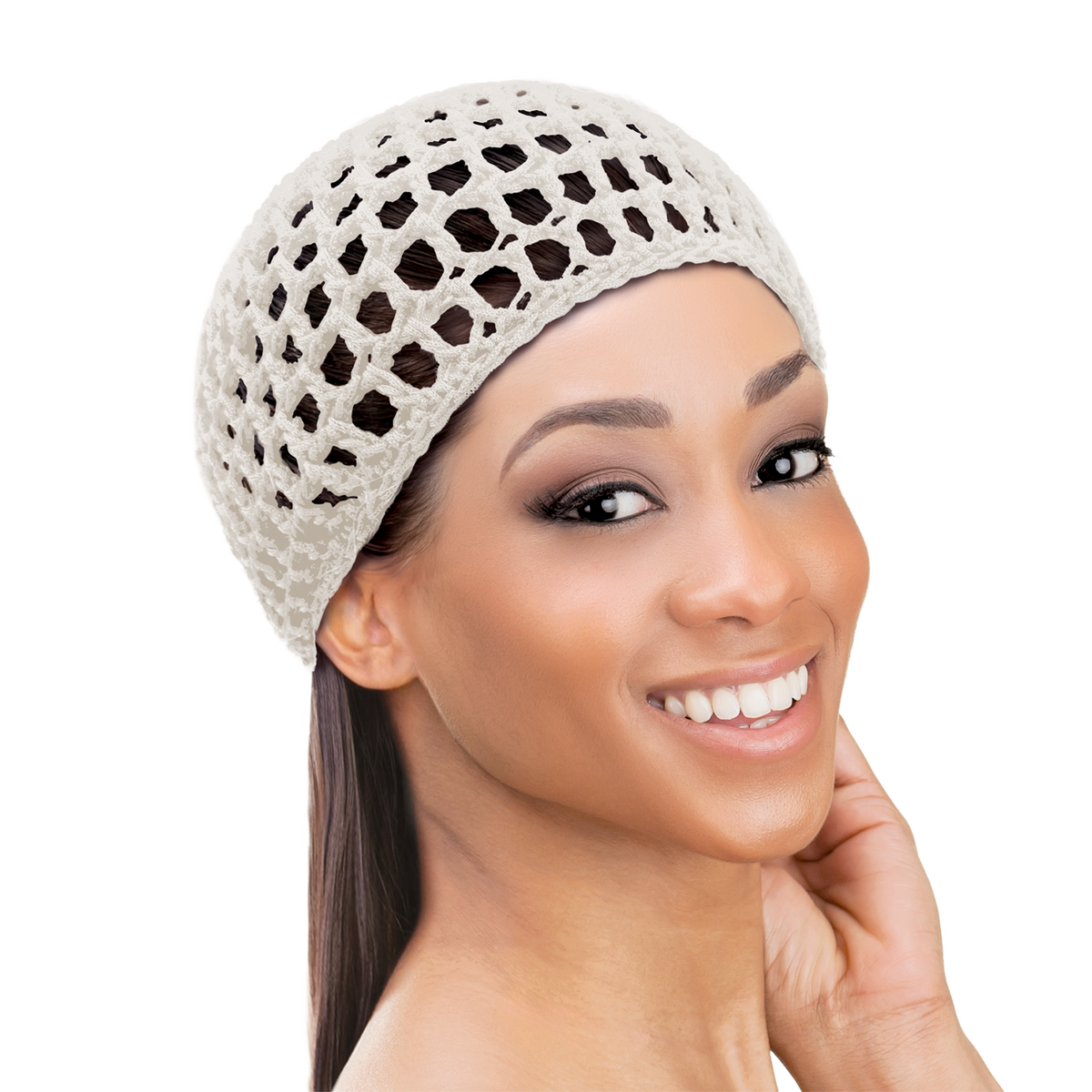 Woman wearing a doobie cap to help maintain a sleek hairstyle