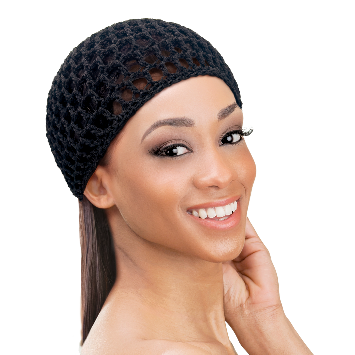 Qfitt Doobie Cap for wrapping and maintaining smooth hairstyles. Woman wearing a doobie cap to help maintain a sleek hairstyle.