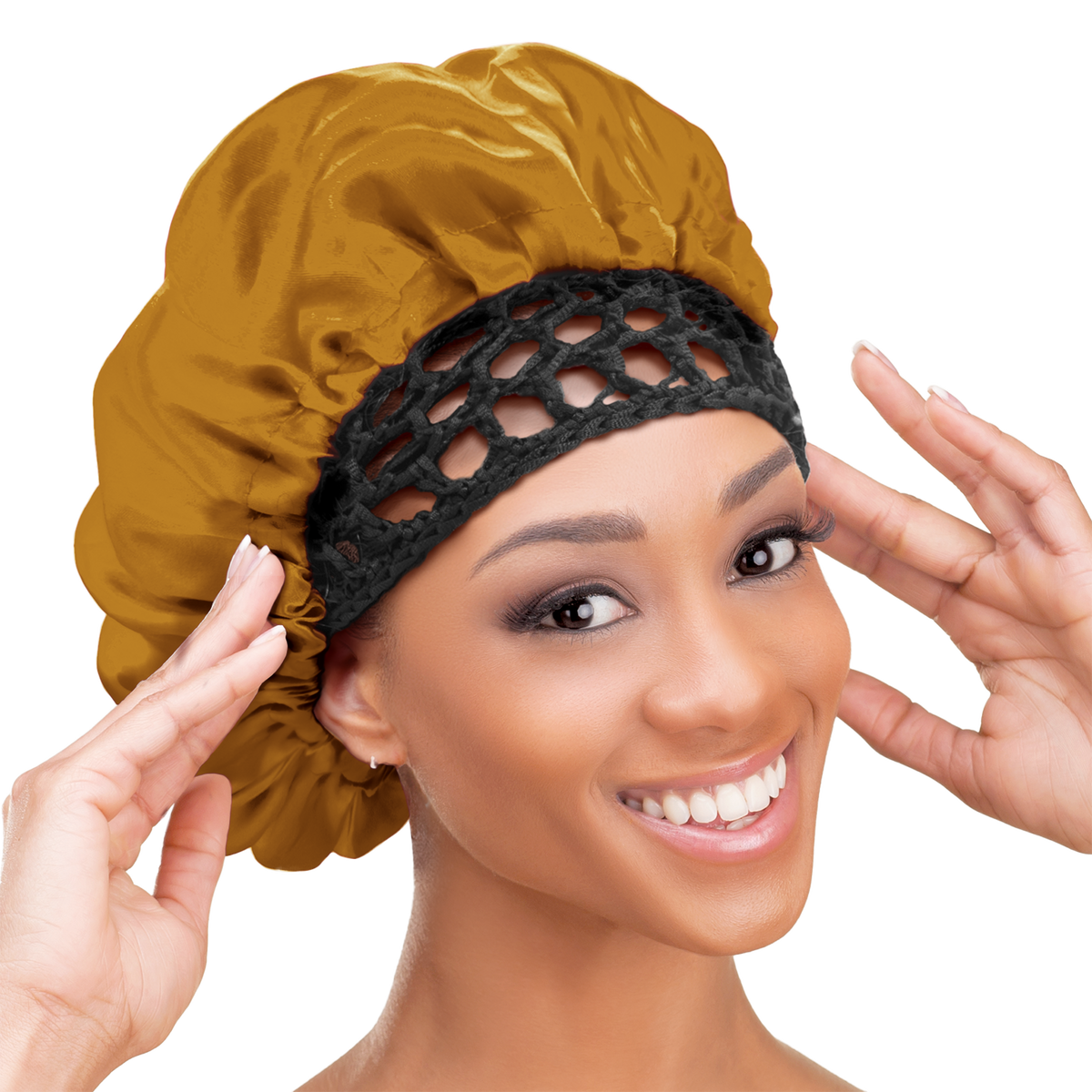 Woman wearing the Qfitt Doobie Cap With Silky Bonnet to help protect her wrapped hairstyle overnight.