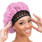 Woman wearing the Qfitt Doobie Cap With Silky Bonnet to help protect her wrapped hairstyle overnight.