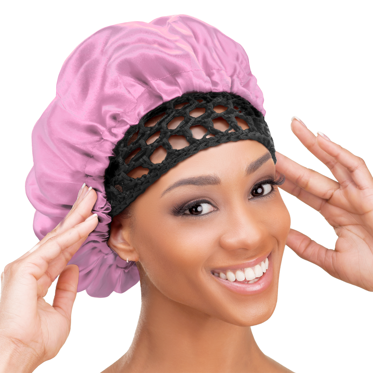 Woman wearing the Qfitt Doobie Cap With Silky Bonnet to help protect her wrapped hairstyle overnight.