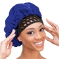 Woman wearing the Qfitt Doobie Cap With Silky Bonnet to help protect her wrapped hairstyle overnight.