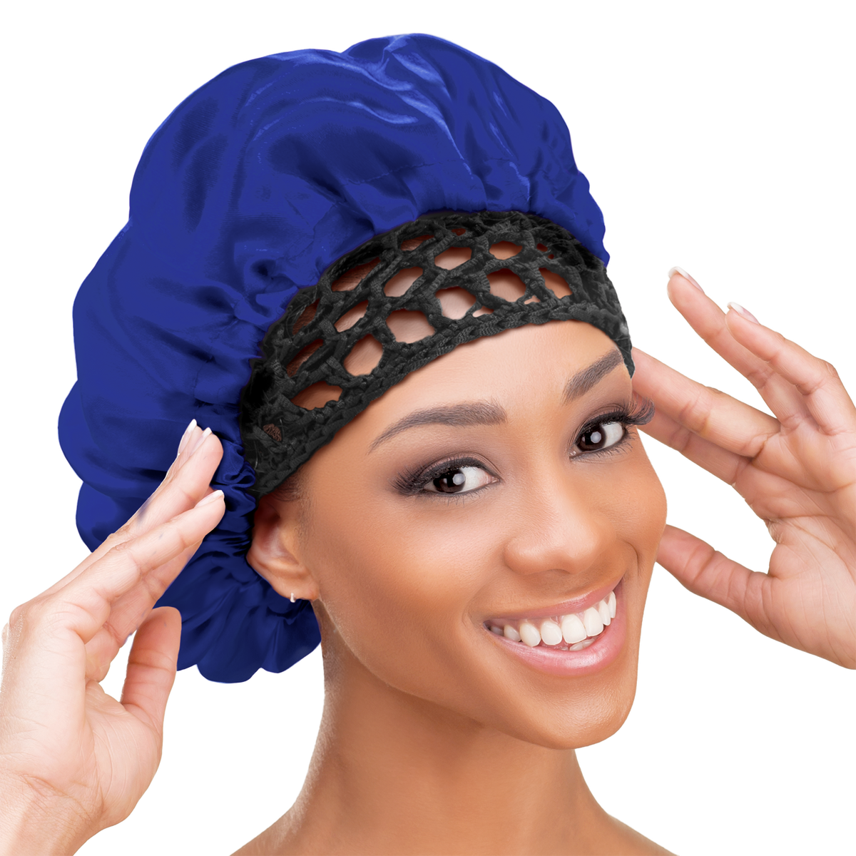 Woman wearing the Qfitt Doobie Cap With Silky Bonnet to help protect her wrapped hairstyle overnight.