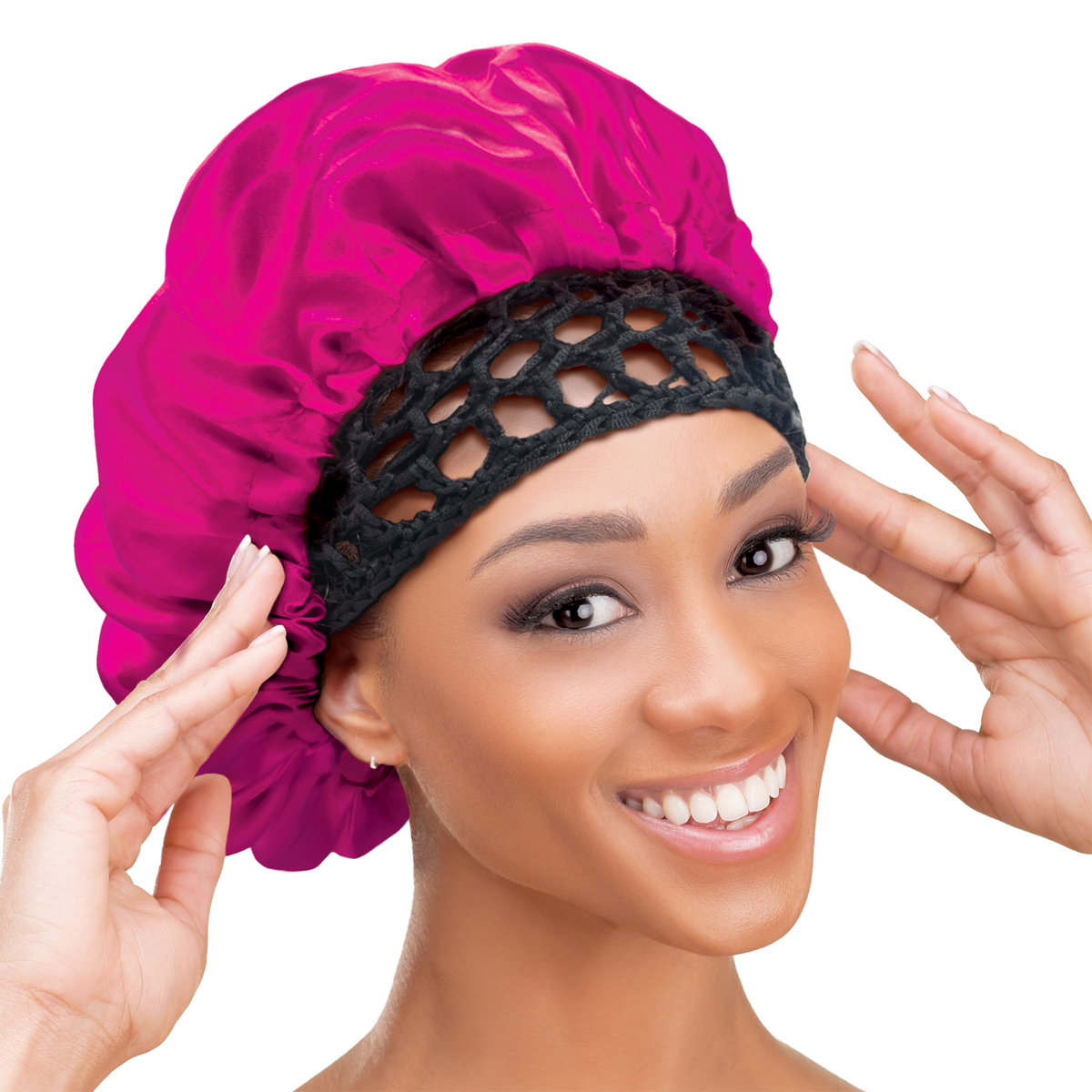 Woman wearing the Qfitt Doobie Cap With Silky Bonnet to help protect her wrapped hairstyle overnight.