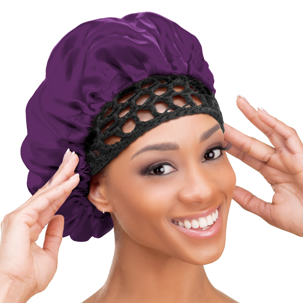 Woman wearing the Qfitt Doobie Cap With Silky Bonnet to help protect her wrapped hairstyle overnight.