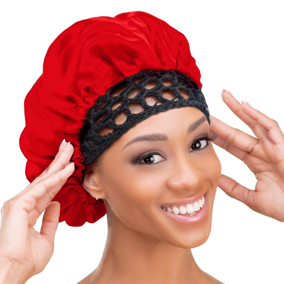Woman wearing the Qfitt Doobie Cap With Silky Bonnet to help protect her wrapped hairstyle overnight.