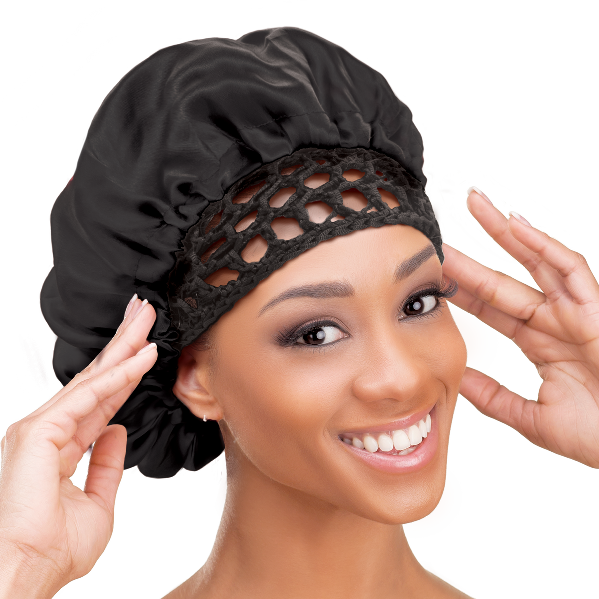 Woman wearing the Qfitt Doobie Cap With Silky Bonnet to help protect her wrapped hairstyle overnight.