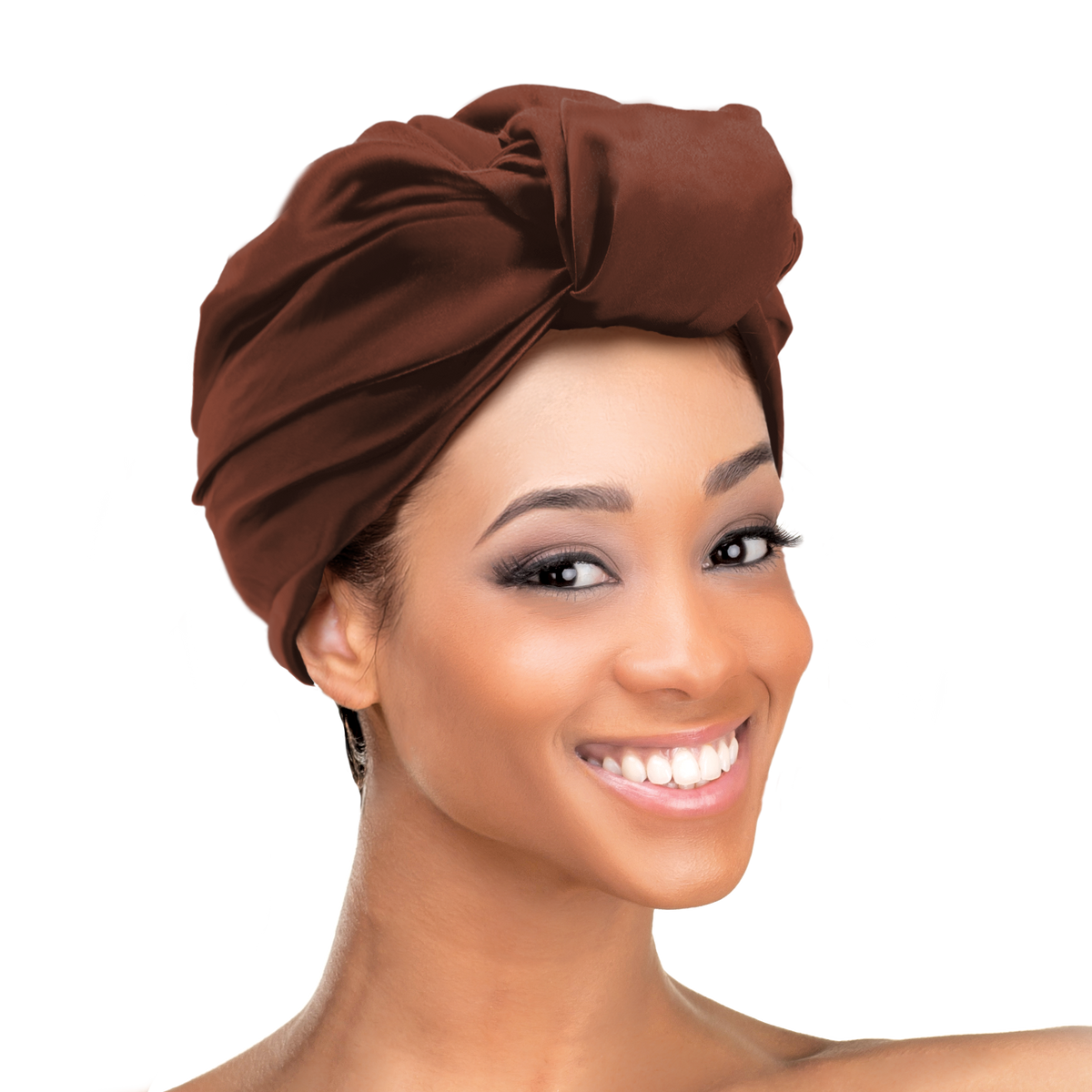 Woman wearing the Qfitt Doobie Cap With Silky Scarf, a hair wrap cap with an attached scarf.