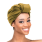 Woman wearing the Qfitt Doobie Cap With Silky Scarf, a hair wrap cap with an attached scarf.