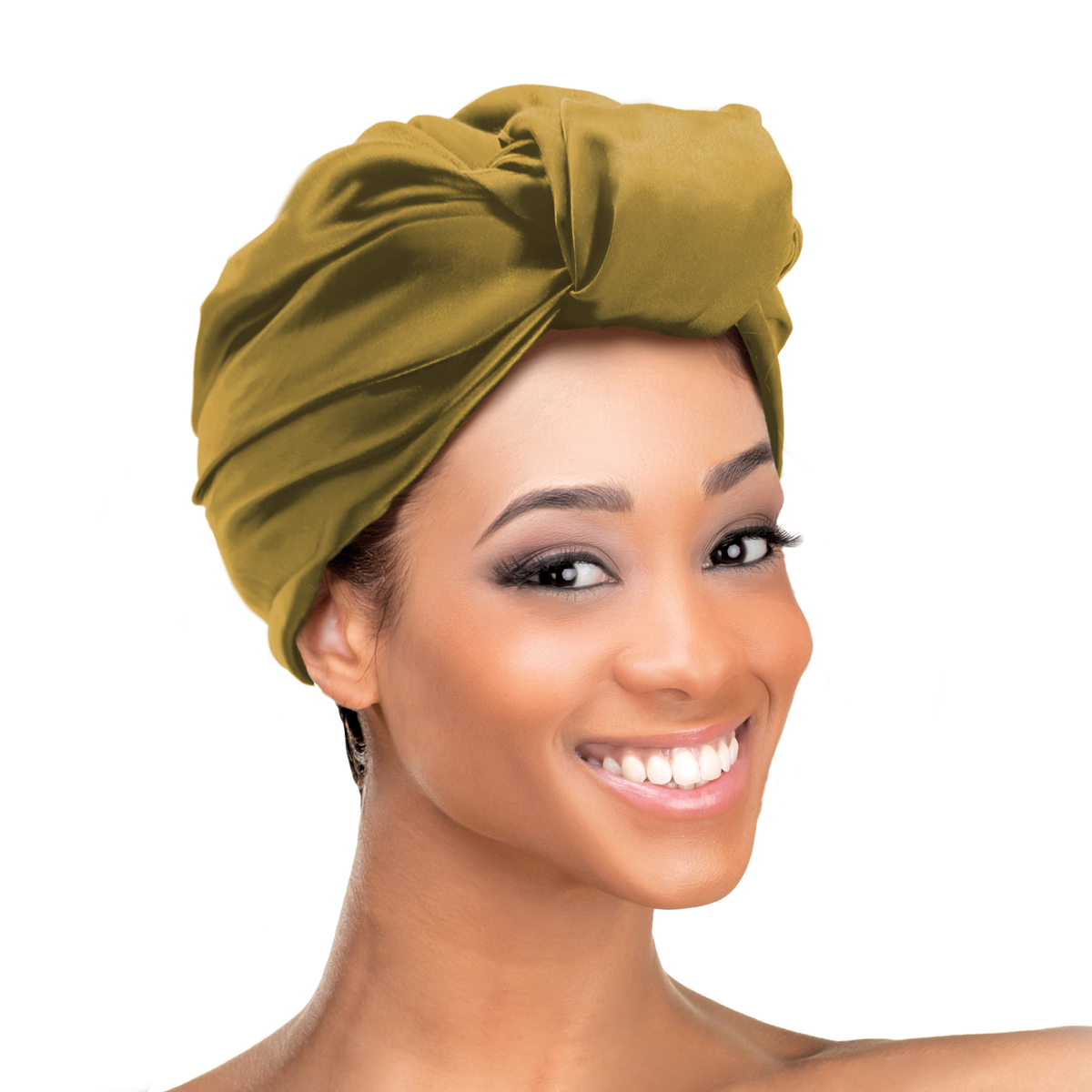 Woman wearing the Qfitt Doobie Cap With Silky Scarf, a hair wrap cap with an attached scarf.