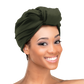 Woman wearing the Qfitt Doobie Cap With Silky Scarf, a hair wrap cap with an attached scarf.