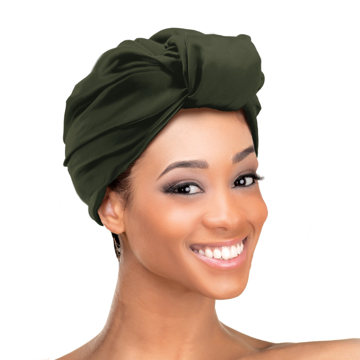 Woman wearing the Qfitt Doobie Cap With Silky Scarf, a hair wrap cap with an attached scarf.