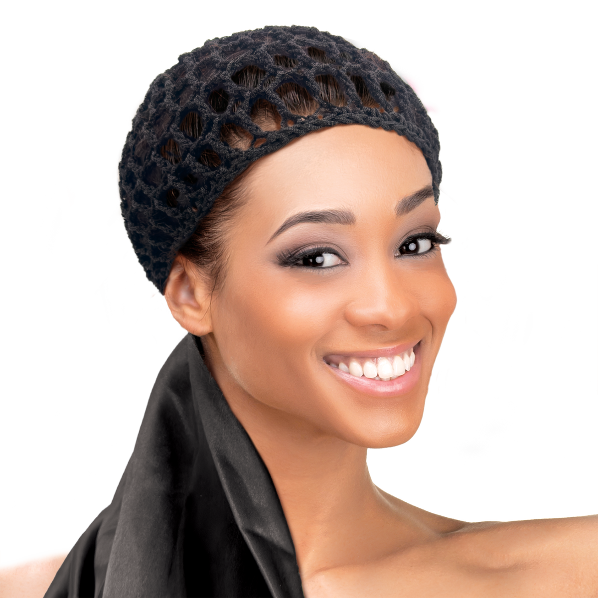 Woman wearing the Qfitt Doobie Cap With Silky Scarf, a hair wrap cap with an attached scarf.