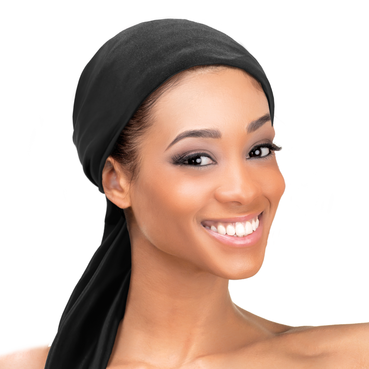 Woman wearing the Qfitt Doobie Cap With Silky Scarf, a hair wrap cap with an attached scarf.