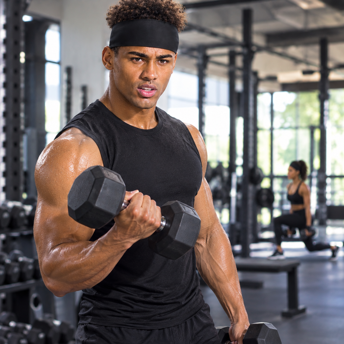 Person wearing the Qfitt black Active-Fit Headband during an active workout.