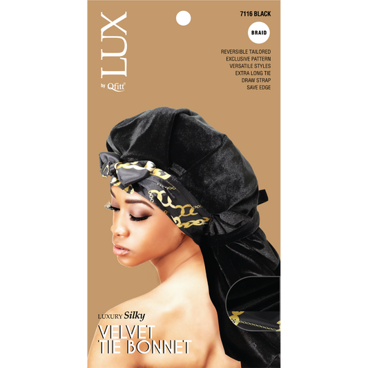 BRAID LUXURY SILKY VELVET TIE BONNET [BLACK-6 PIECES SET]